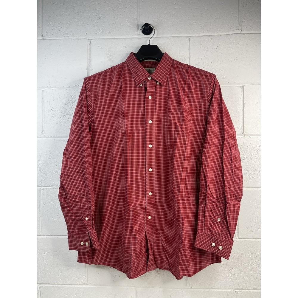 LL Bean Shirt Mens XL Regular Red Checks Button Front‎ Cotton wrinkle resistant